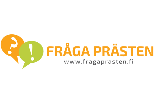 TexteN: FRÅGA PRÄSTEN, www.fragaprasten.fi. Framför två pratbublor. Den första med ett frågetecken och den andra med ett utropstecken.